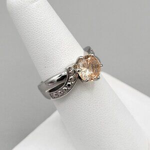 Silver Tone Citrine Cocktail Ring Studded Side Accents Size 6 3/4